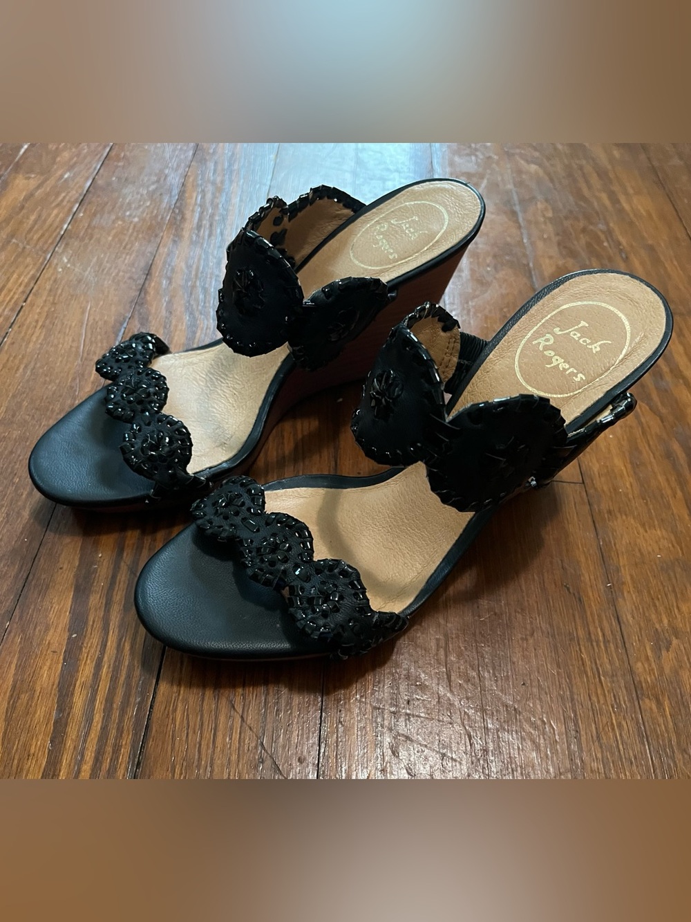 Jack Rogers Black Luccia Scalloped Wedge Sandals